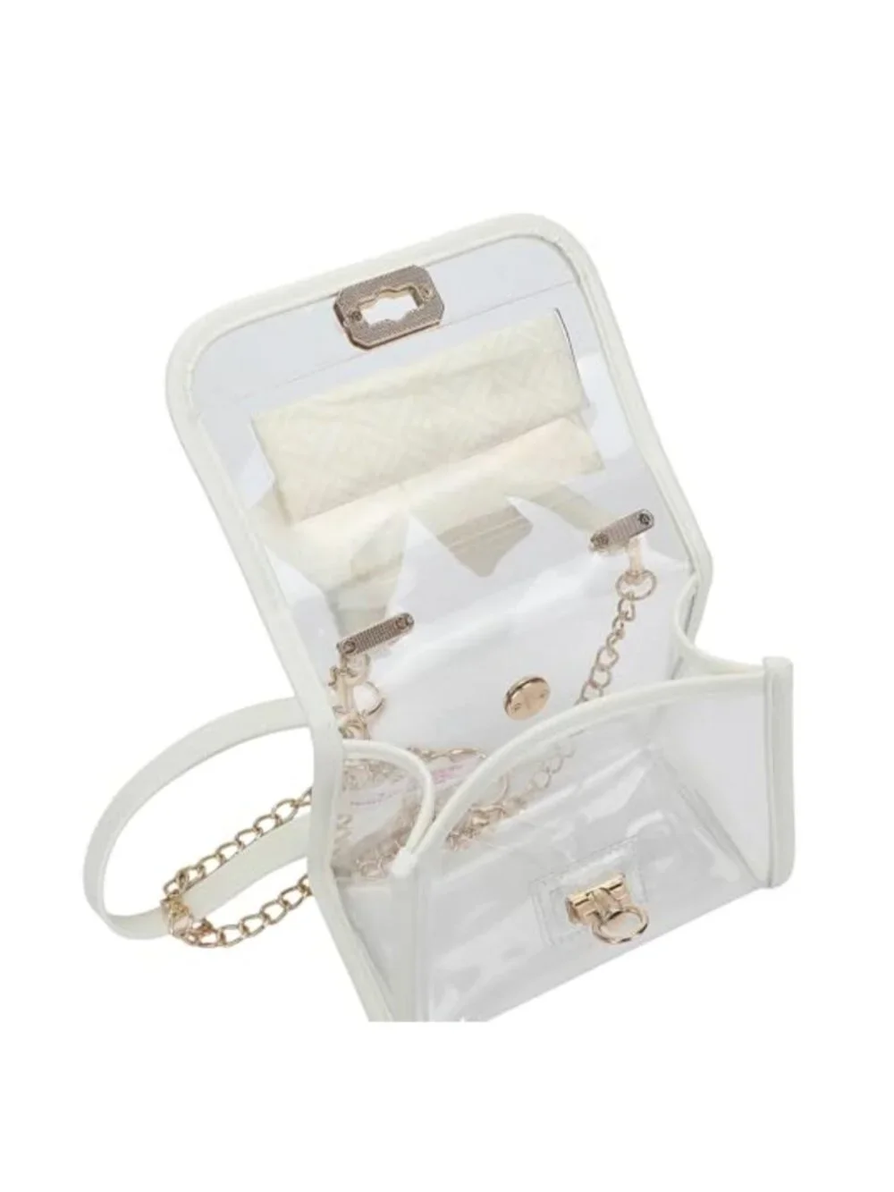 Clear Mini Crossbody Bag with Gold Chain Strap, Removable Satin Bow Scarf